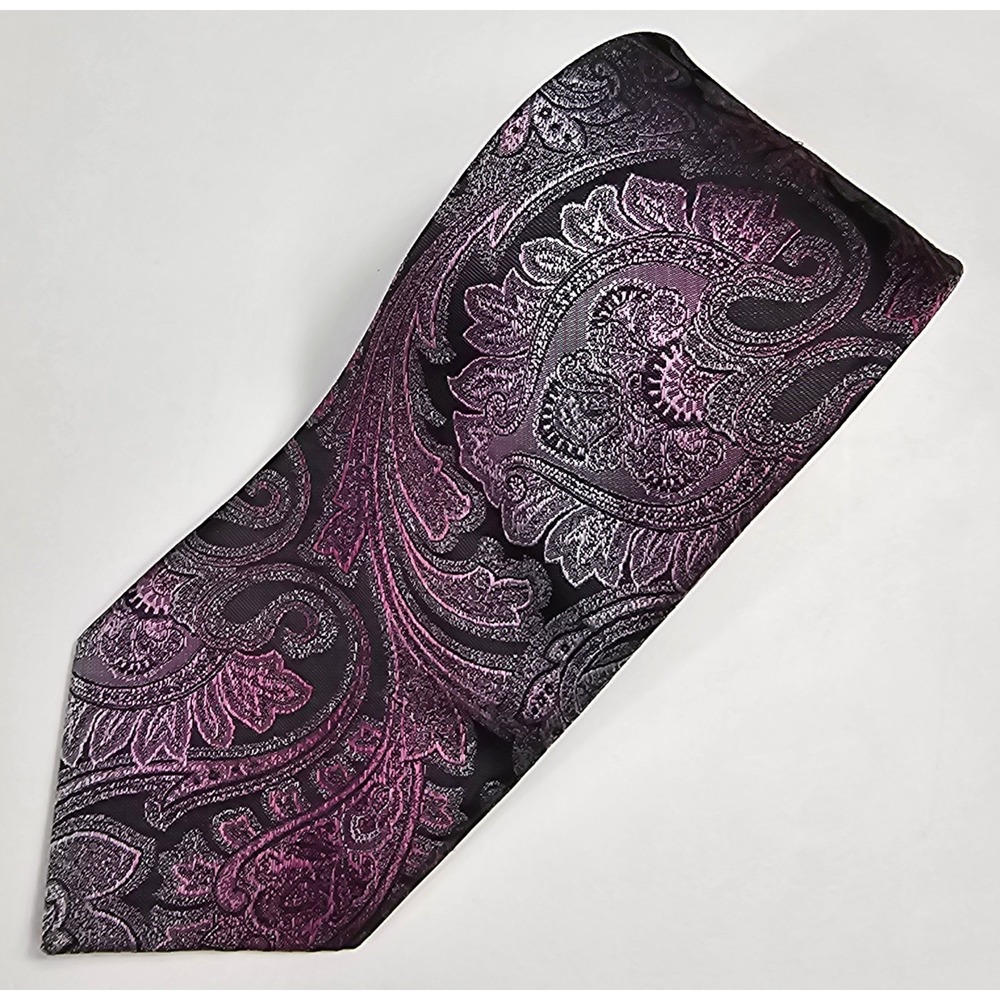 Pronto Uomo Tie Silk Poly Black Pink‎ Silver Paisley 59"x3"